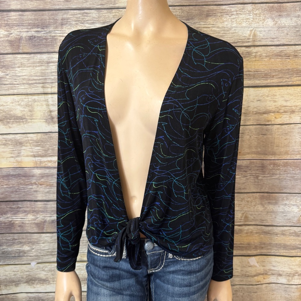Chico’s Travelers Jacket size 1 8 Black Green‎ Blue Yellow Swirls Slinky